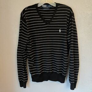 Polo Ralph Lauren Sweater Men's Med black white V-Neck Pullover 100% Pima Cotton